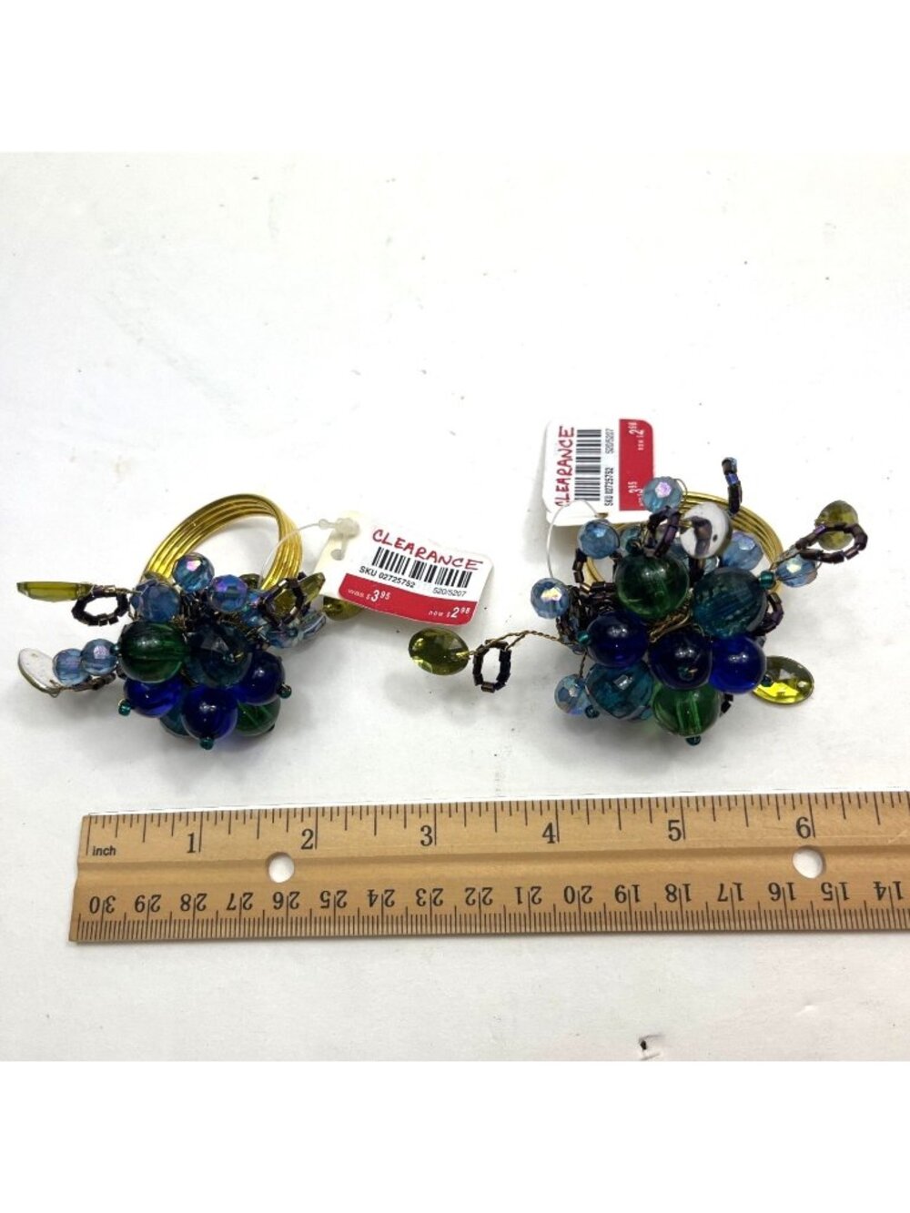 Beaded Napkin Ring Set Of 2 With Gold Bands & Blue-Green Glass Cluster Design